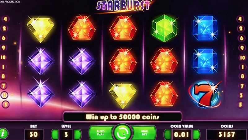 Starburst slot game by NetEnt — expanding wilds on a 5×3 gem-themed reel grid